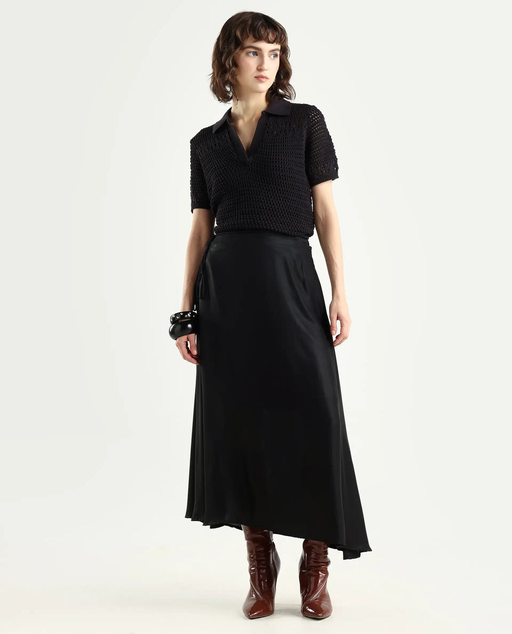 Rareism Women's Wagna Black Polyester Plain Maxi Flared Skirt