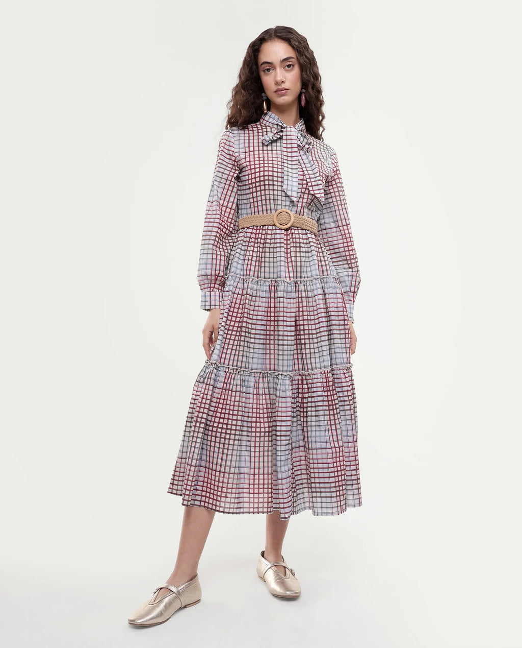 Rareism Women's Adilpi Multi Cotton Tie-Up Neck Flannel Print Bishop Sleeve Midi Fit And Flare Dress