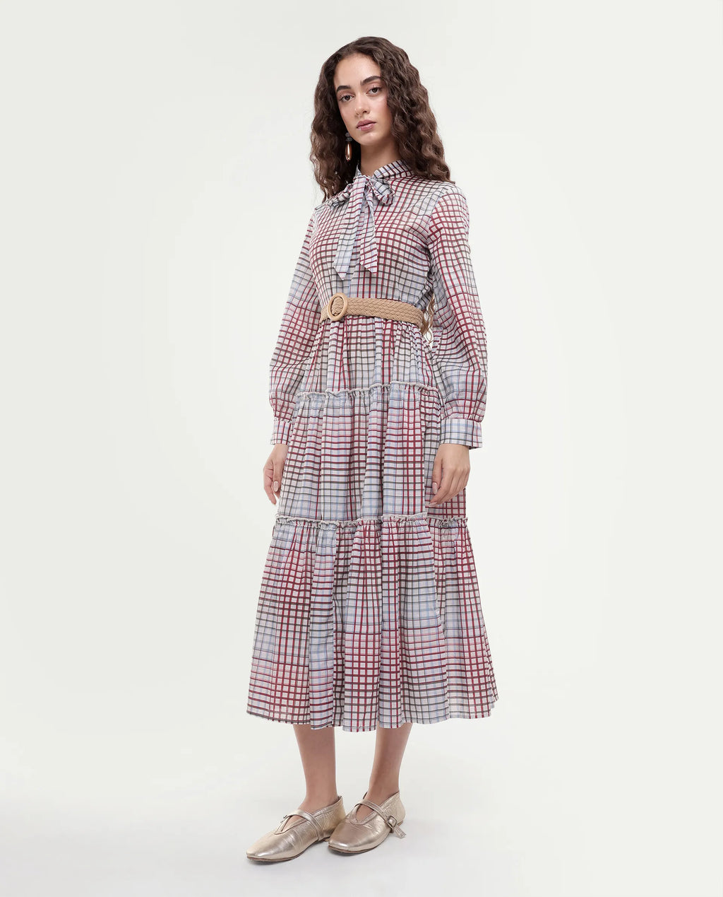 Rareism Women's Adilpi Multi Cotton Tie-Up Neck Flannel Print Bishop Sleeve Midi Fit And Flare Dress