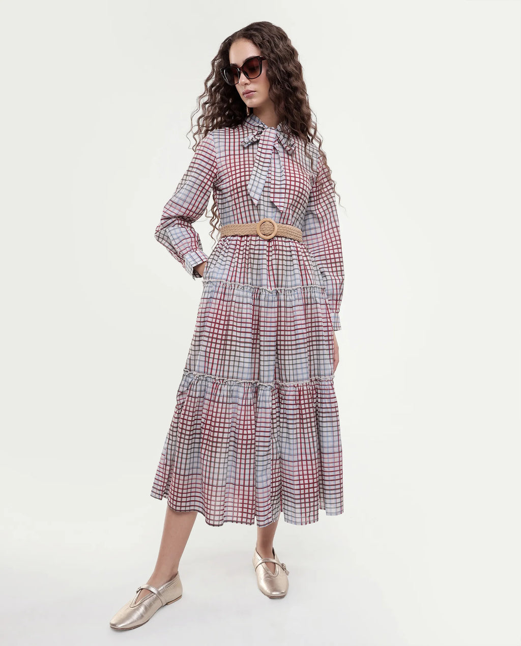 Rareism Women's Adilpi Multi Cotton Tie-Up Neck Flannel Print Bishop Sleeve Midi Fit And Flare Dress