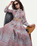 Rareism Women's Adilpi Multi Cotton Tie-Up Neck Flannel Print Bishop Sleeve Midi Fit And Flare Dress