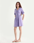 Rareism Women's Beew Dusky Purple Cotton Blend V-Neck Plain Bishop Sleeve Mini Fit And Flare Dress