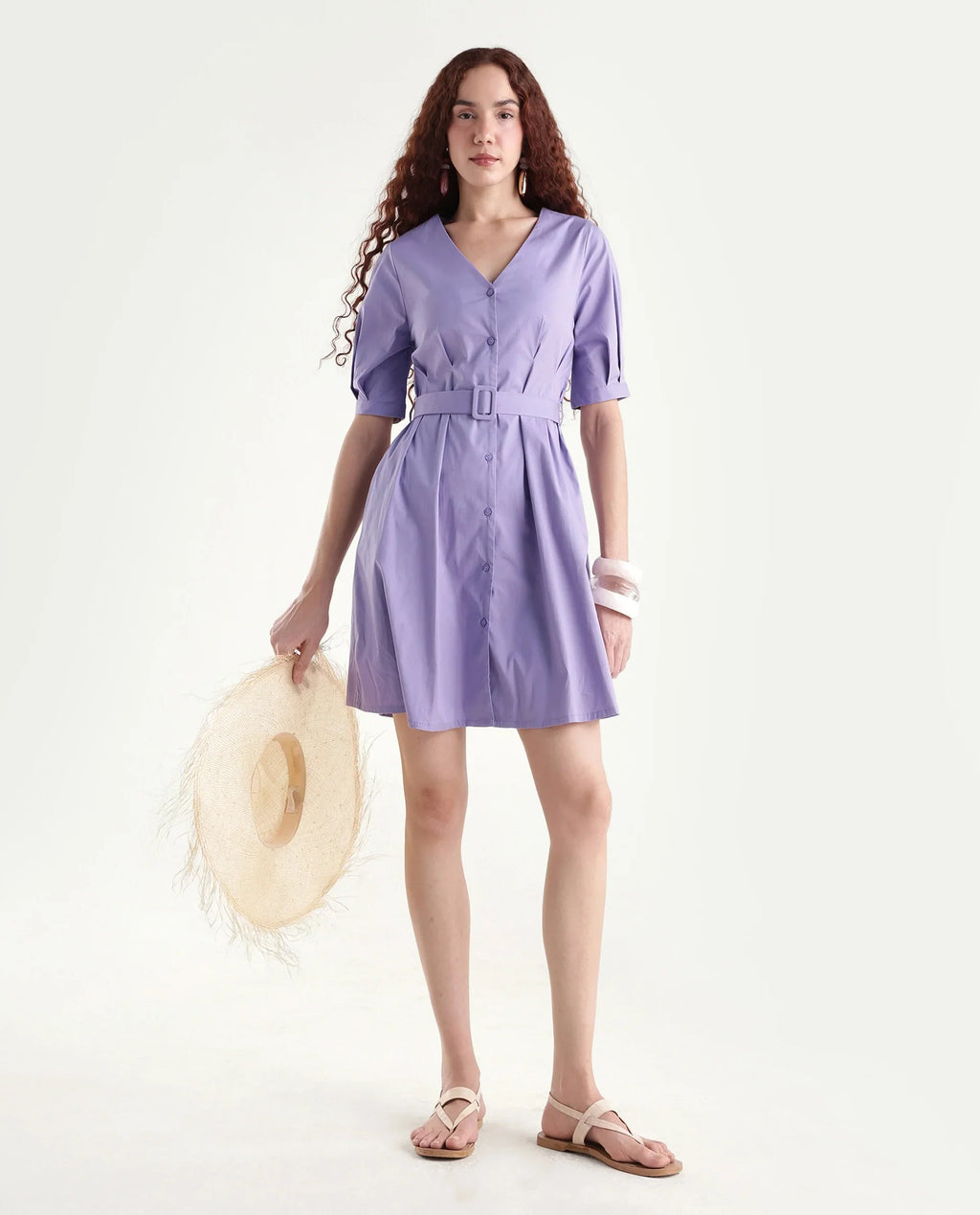 Rareism Women's Beew Dusky Purple Cotton Blend V-Neck Plain Bishop Sleeve Mini Fit And Flare Dress