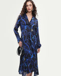 Rareism Women's Romros Dark Multi Satin Drop Collar Abstract Print Cuffed Sleeve Midi Flared Dress