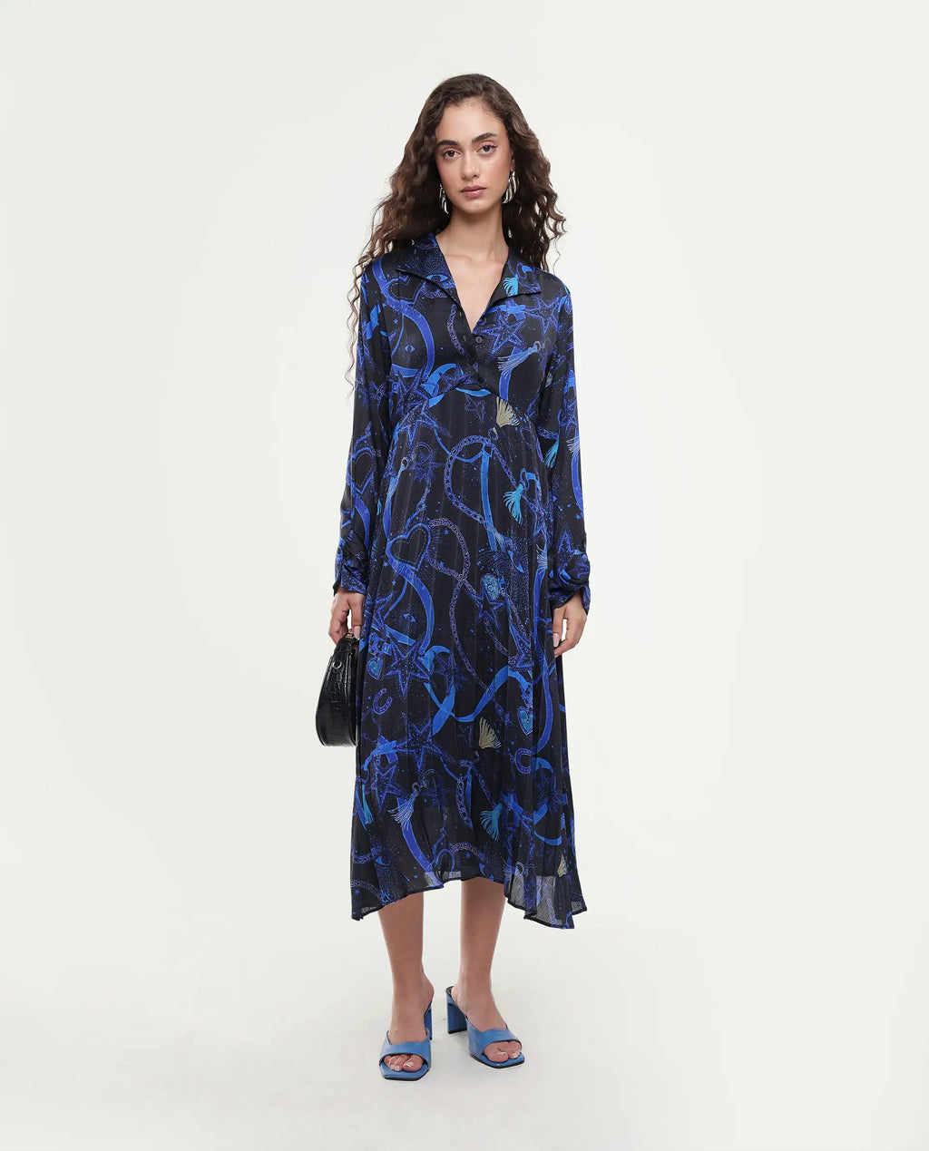 Rareism Women's Romros Dark Multi Satin Drop Collar Abstract Print Cuffed Sleeve Midi Flared Dress