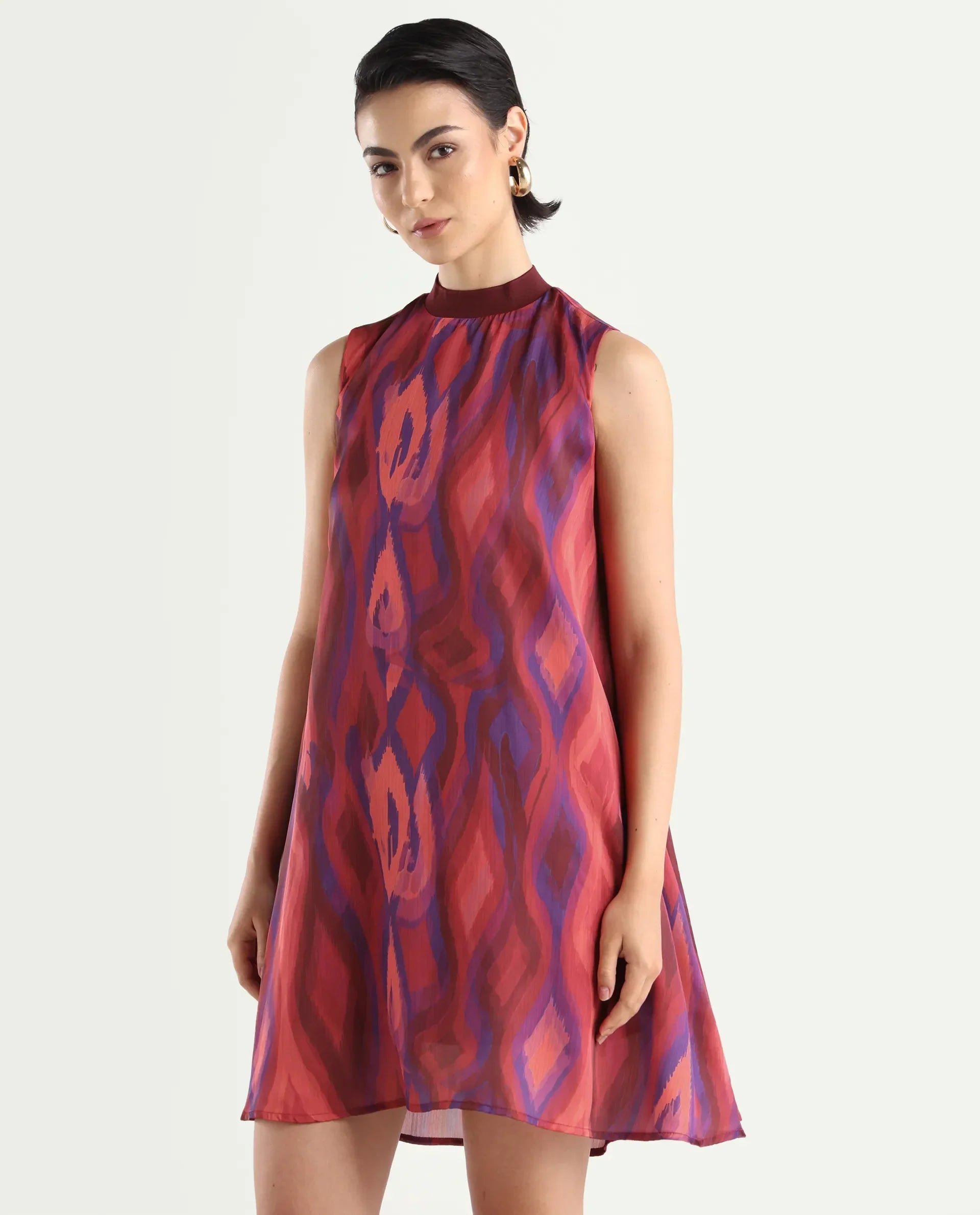 Rareism Women's Yaden Multi Satin Turtle Neck Abstract Print Sleeveless Knee Length Flared Dress