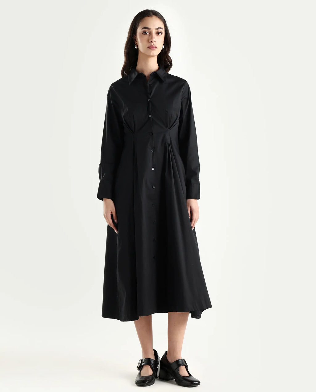 Rareism Women's Libz Black Cotton Blend Drop Collar Plain Cuffed Sleeve Midi Fit And Flare Dress