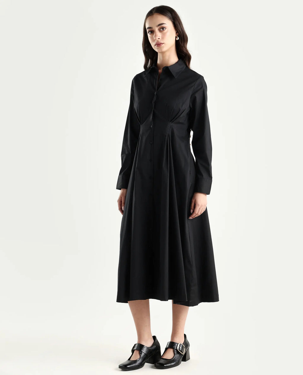 Rareism Women's Libz Black Cotton Blend Drop Collar Plain Cuffed Sleeve Midi Fit And Flare Dress