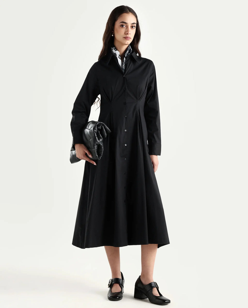 Rareism Women's Libz Black Cotton Blend Drop Collar Plain Cuffed Sleeve Midi Fit And Flare Dress