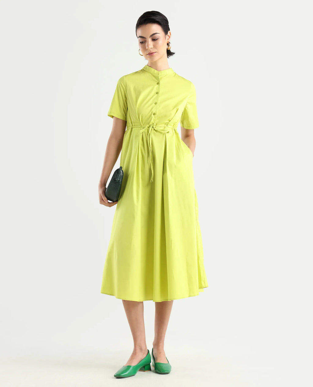 Rareism Women's Rokl Green Cotton Blend Mandarin Collar Plain Midi Flared Dress