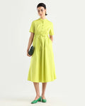 Rareism Women's Rokl Green Cotton Blend Mandarin Collar Plain Midi Flared Dress