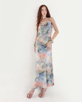 Rareism Women's Villeur Multi Satin Cowl Neck Floral Print Sleeveless Maxi Flared Dress
