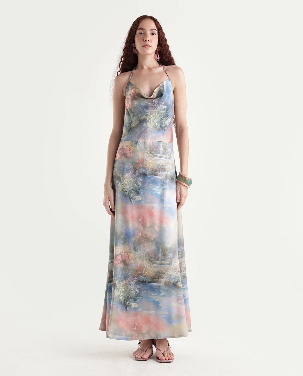 Rareism Women's Villeur Multi Satin Cowl Neck Floral Print Sleeveless Maxi Flared Dress