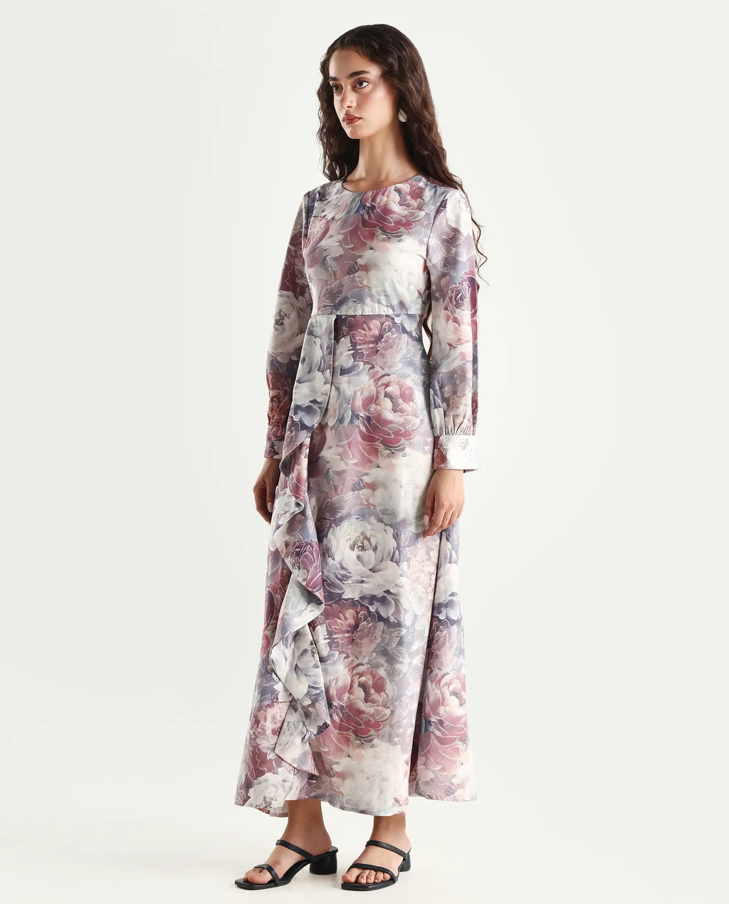Rareism Women's Vienne Light Multi Satin Round Neck Floral Print Puff Sleeves Maxi Flared Dress