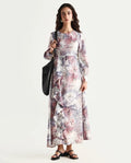 Rareism Women's Vienne Light Multi Satin Round Neck Floral Print Puff Sleeves Maxi Flared Dress