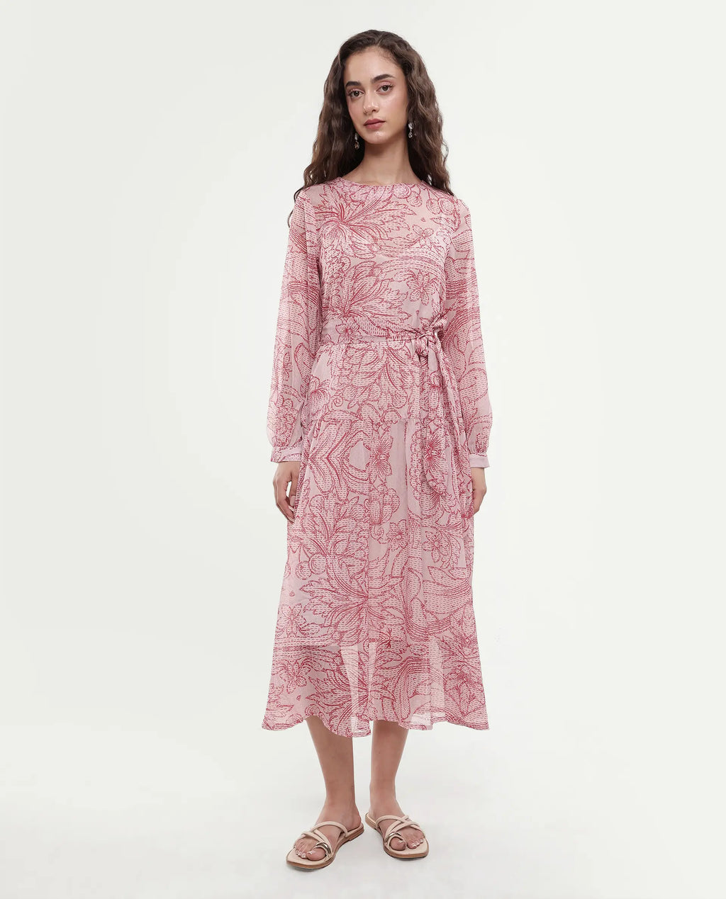 Rareism Women's Polima Multi Cotton Round Neck Abstract Print Bishop Sleeve Midi Flared Dress