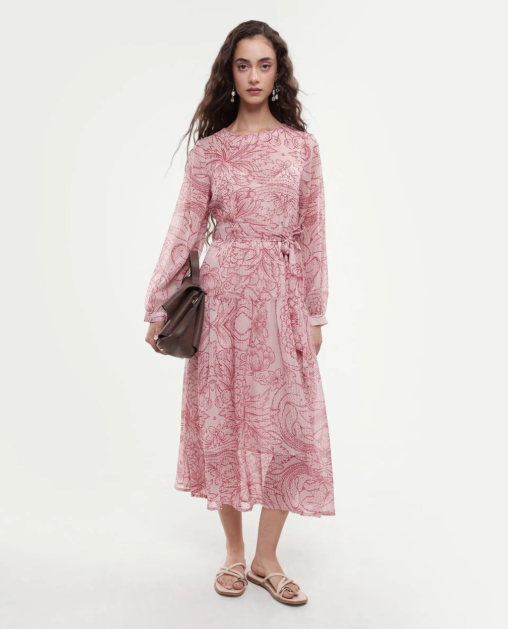 Rareism Women's Polima Multi Cotton Round Neck Abstract Print Bishop Sleeve Midi Flared Dress