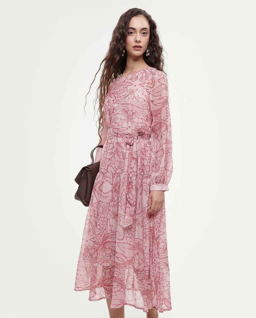 Rareism Women's Polima Multi Cotton Round Neck Abstract Print Bishop Sleeve Midi Flared Dress
