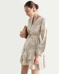 Rareism Women's Wesdure Beige Rayon V-Neck Floral Print Bishop Sleeve Knee Length Fit And Flare Dress