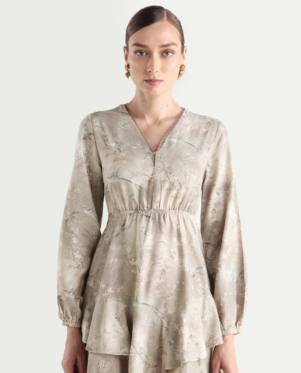 Rareism Women's Wesdure Beige Rayon V-Neck Floral Print Bishop Sleeve Knee Length Fit And Flare Dress