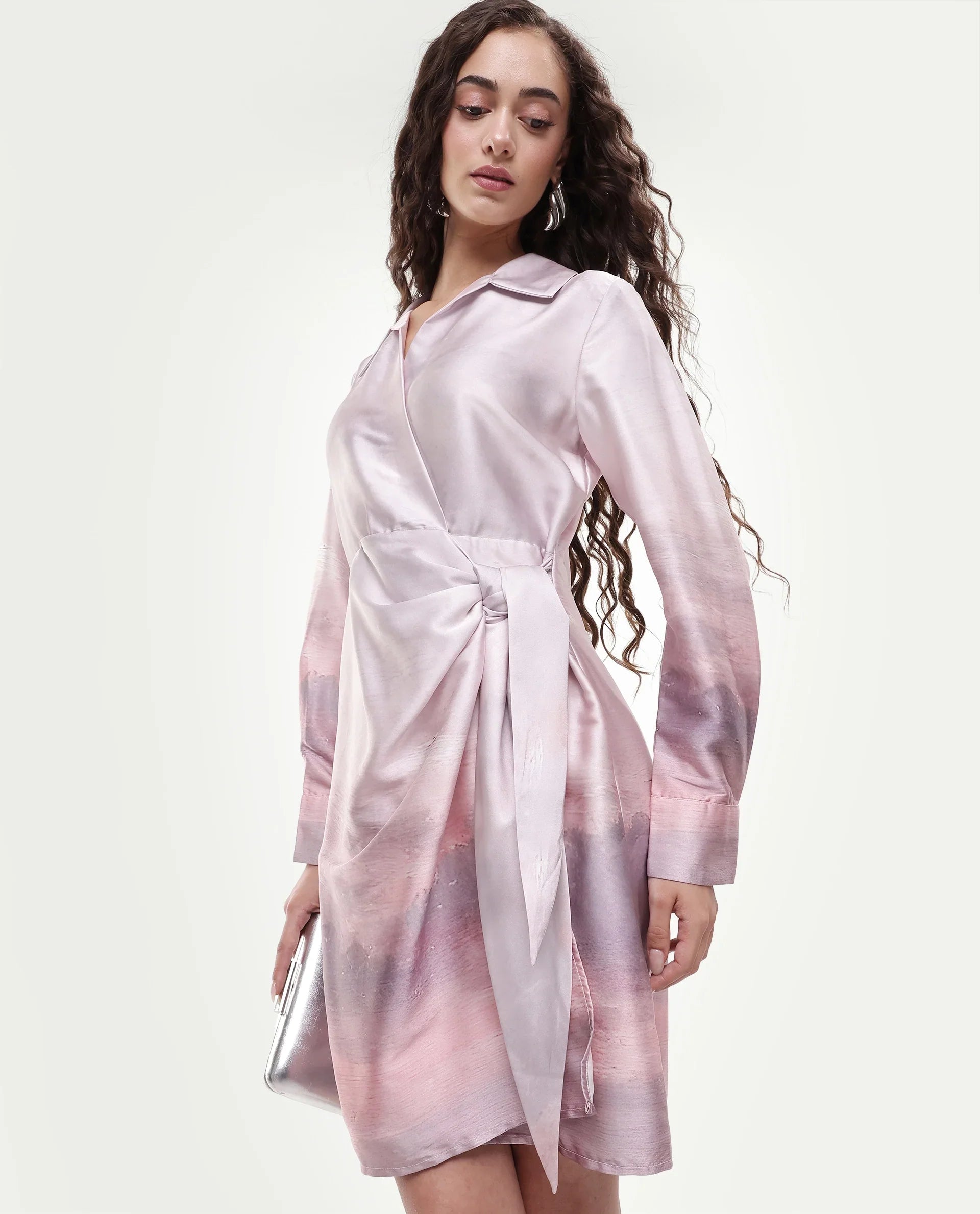 Rareism Women's Qert Dusky Multi Satin Johnny Collar Abstract Print Cuffed Sleeve Mini Straight Fit Dress