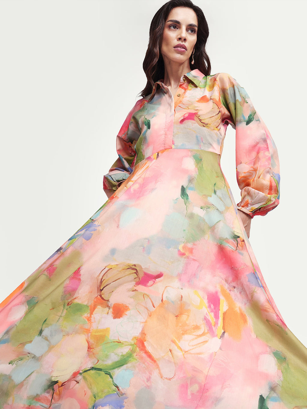 Rareism Women's Rhun Multi Polyester Blend Spread Collar Abstract Print Cuffed Sleeve Midi Fit And Flare Dress
