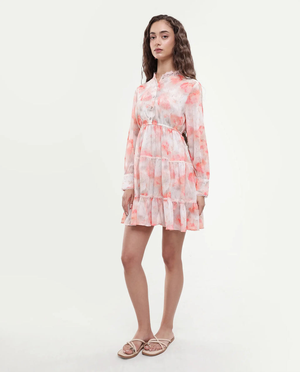 Rareism Women's Viver Off White Polyester Stand Collar Abstract Print Puff Sleeves Mini Fit And Flare Dress