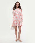 Rareism Women's Viver Off White Polyester Stand Collar Abstract Print Puff Sleeves Mini Fit And Flare Dress
