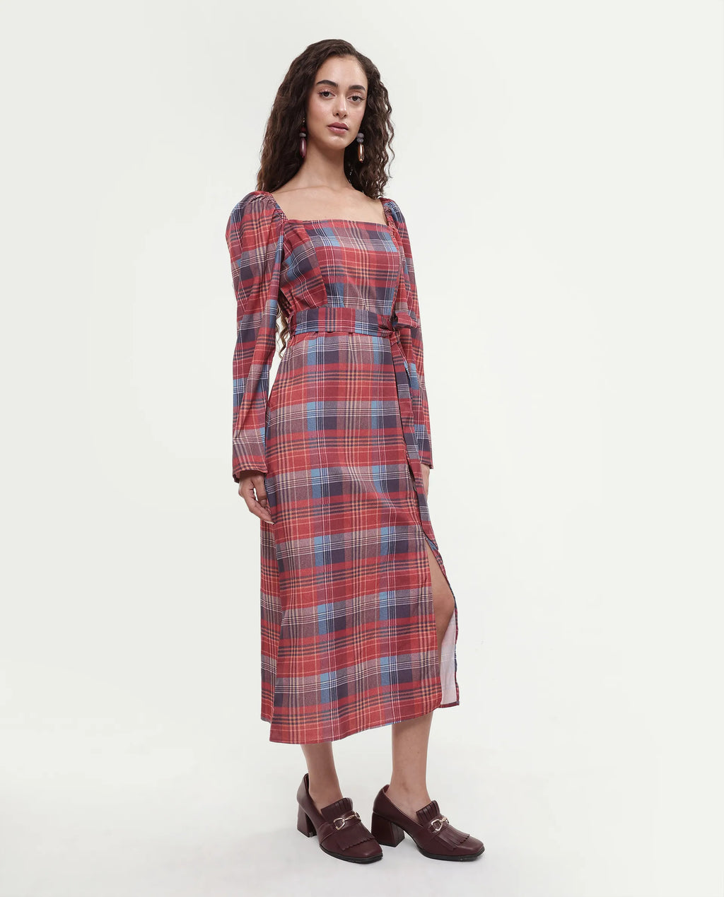 Rareism Women's Olappo Multi Polyester Blend Square Neck Checked Leg O Mutton Sleeve Midi Bodycon Dress
