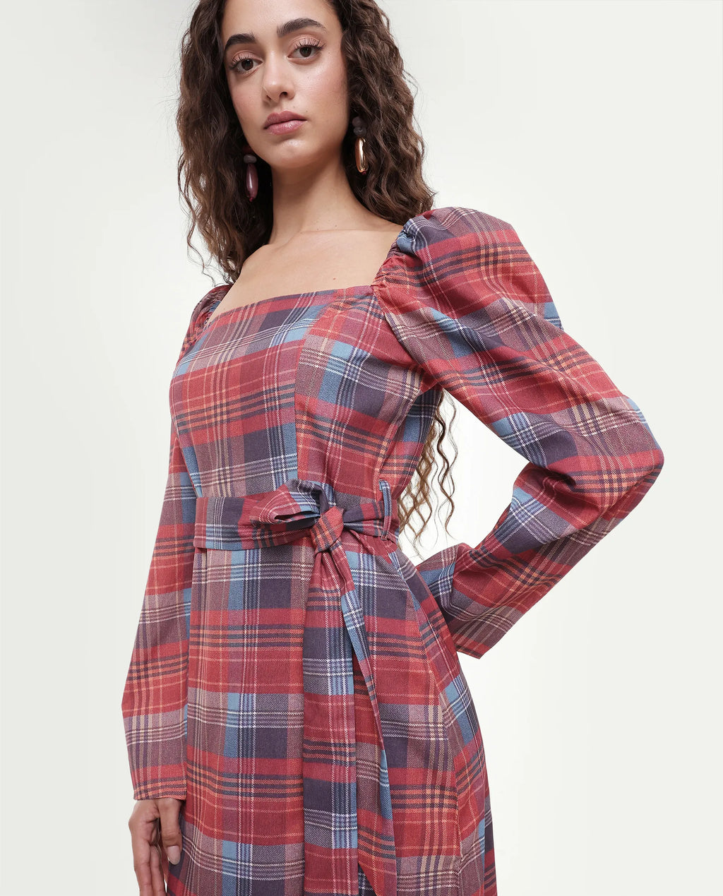 Rareism Women's Olappo Multi Polyester Blend Square Neck Checked Leg O Mutton Sleeve Midi Bodycon Dress