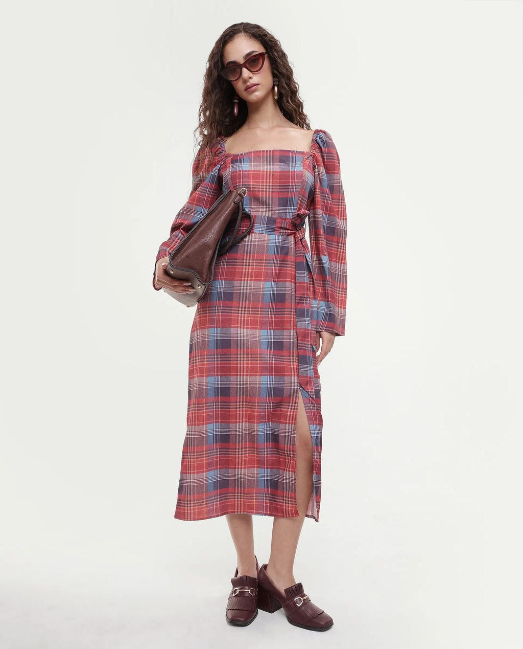 Rareism Women's Olappo Multi Polyester Blend Square Neck Checked Leg O Mutton Sleeve Midi Bodycon Dress