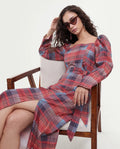 Rareism Women's Olappo Multi Polyester Blend Square Neck Checked Leg O Mutton Sleeve Midi Bodycon Dress