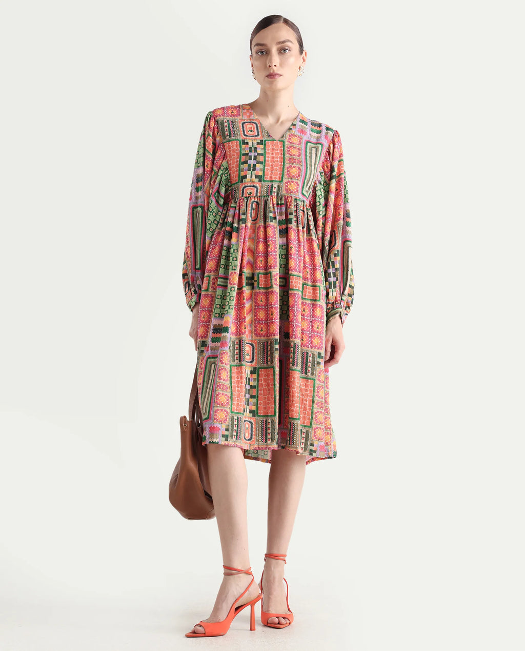 Rareism Women's Sweg Multi Polyester Blend V-Neck Abstract Print Bishop Sleeve Midi Flared Dress