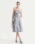Rareism Women's Yerd Blue Cotton Blend Tube Neck Geometric Print Sleeveless Midi Flared Dress