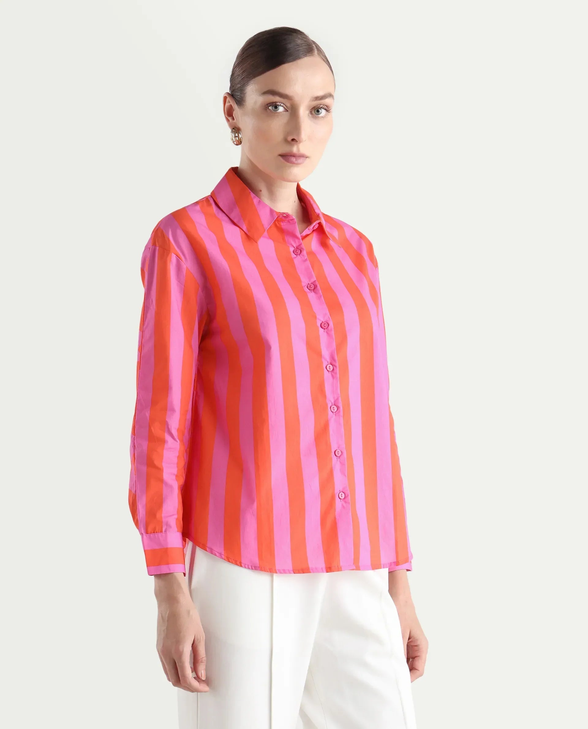 Rareism Women's Xuewr Red Cotton Drop Collar Striped Cuffed Sleeve Boxy Fit Shirt