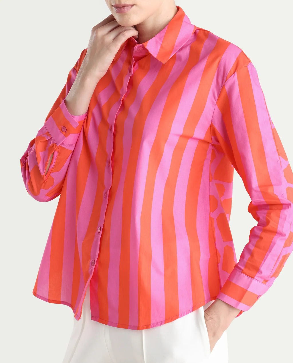 Rareism Women's Xuewr Red Cotton Drop Collar Striped Cuffed Sleeve Boxy Fit Shirt