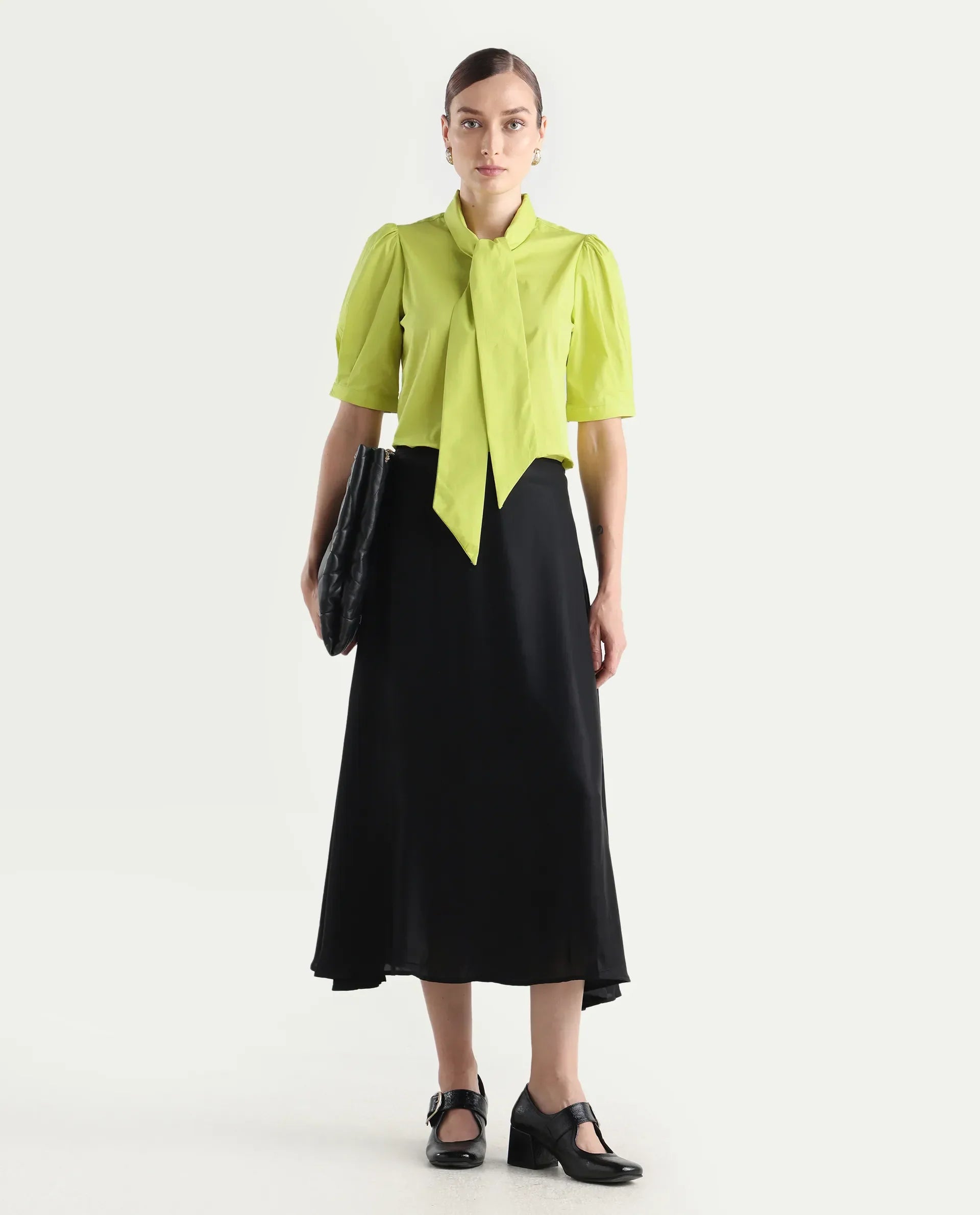 Rareism Women's Kirv Green Cotton Blend Tie-Up Neck Plain Bishop Sleeve Regular Fit Top