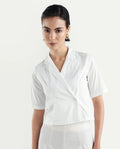 Rareism Women's Seui White Cotton Blend Lapel Neck Plain Crop Boxy Fit Top