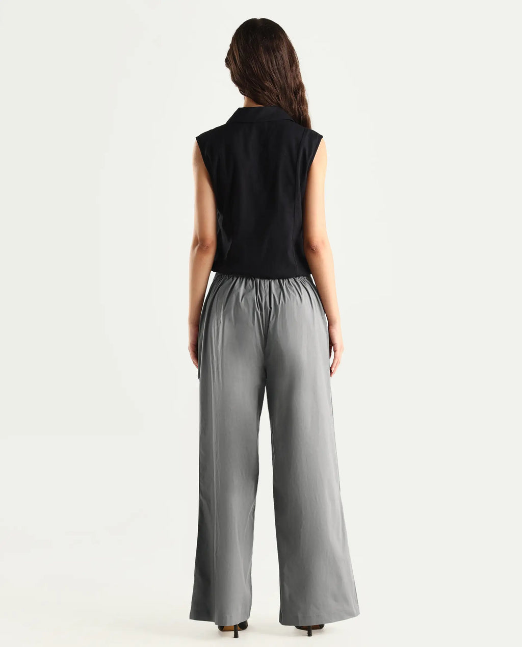 Rareism Women's Oipi Grey Cotton Blend Plain Ankle Length Wide Trouser