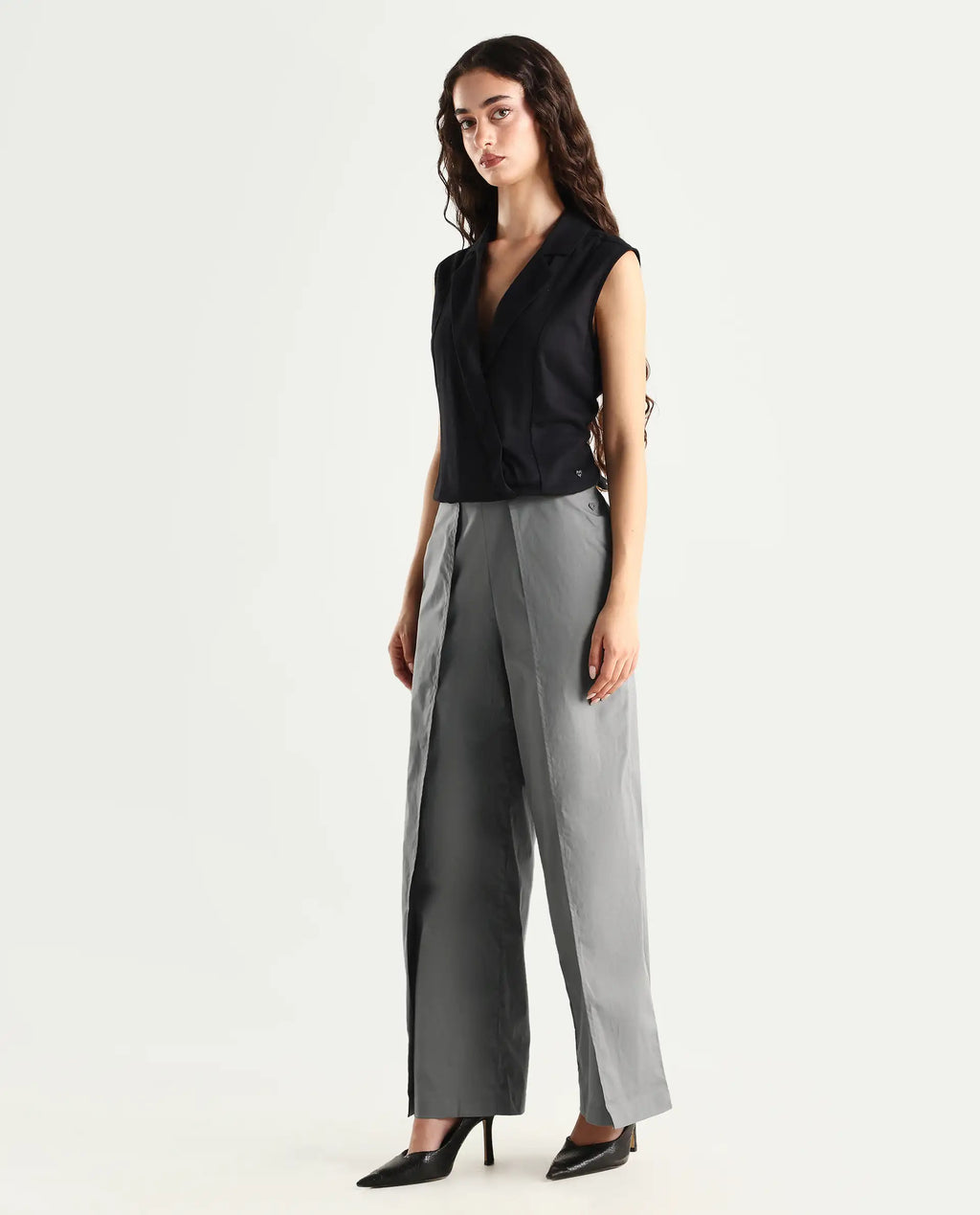 Rareism Women's Oipi Grey Cotton Blend Plain Ankle Length Wide Trouser