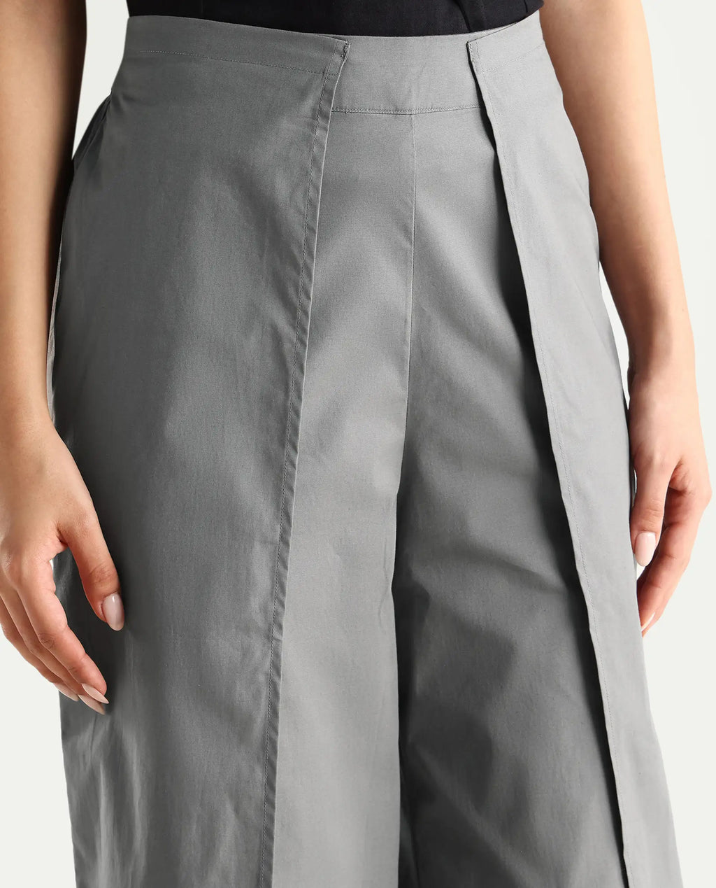 Rareism Women's Oipi Grey Cotton Blend Plain Ankle Length Wide Trouser