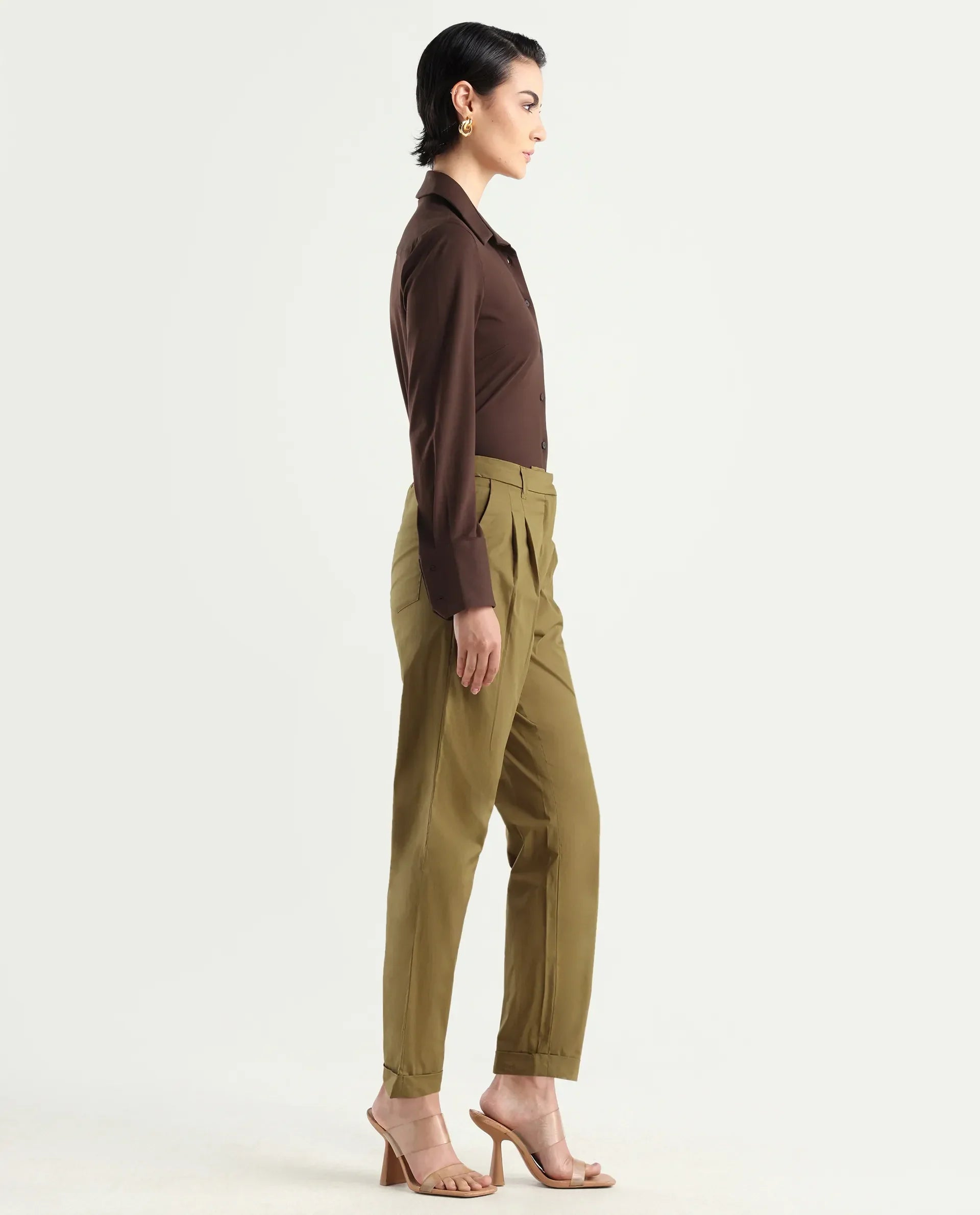 Rareism Women's Ruvz Olive Cotton Blend Plain Ankle Length Straight Fit Trouser