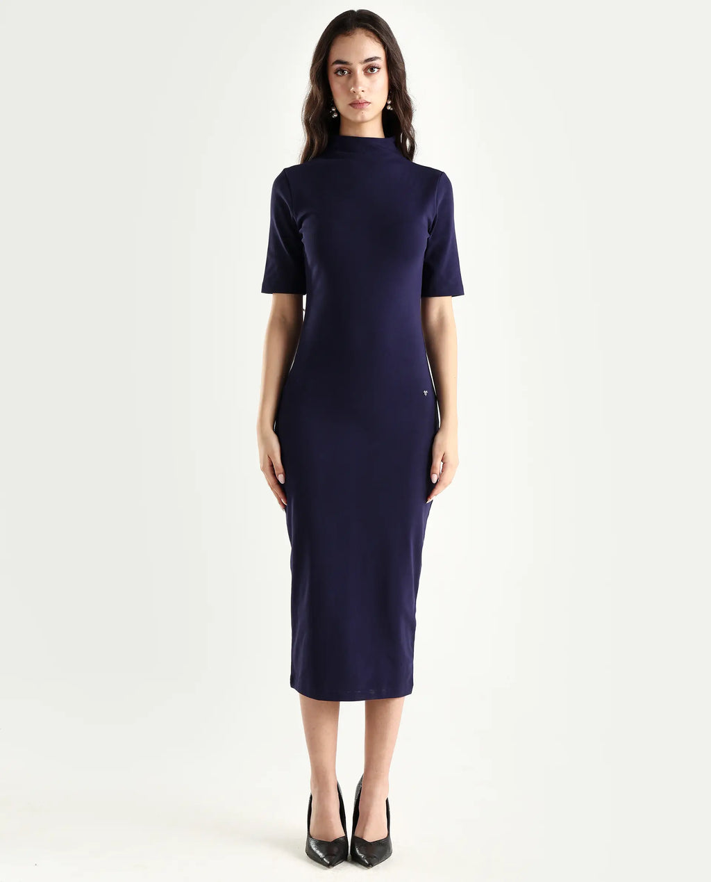 Rareism Women's Rotary Dusky Purple Cotton Blend High Neck Plain Maxi Slim Fit Dress