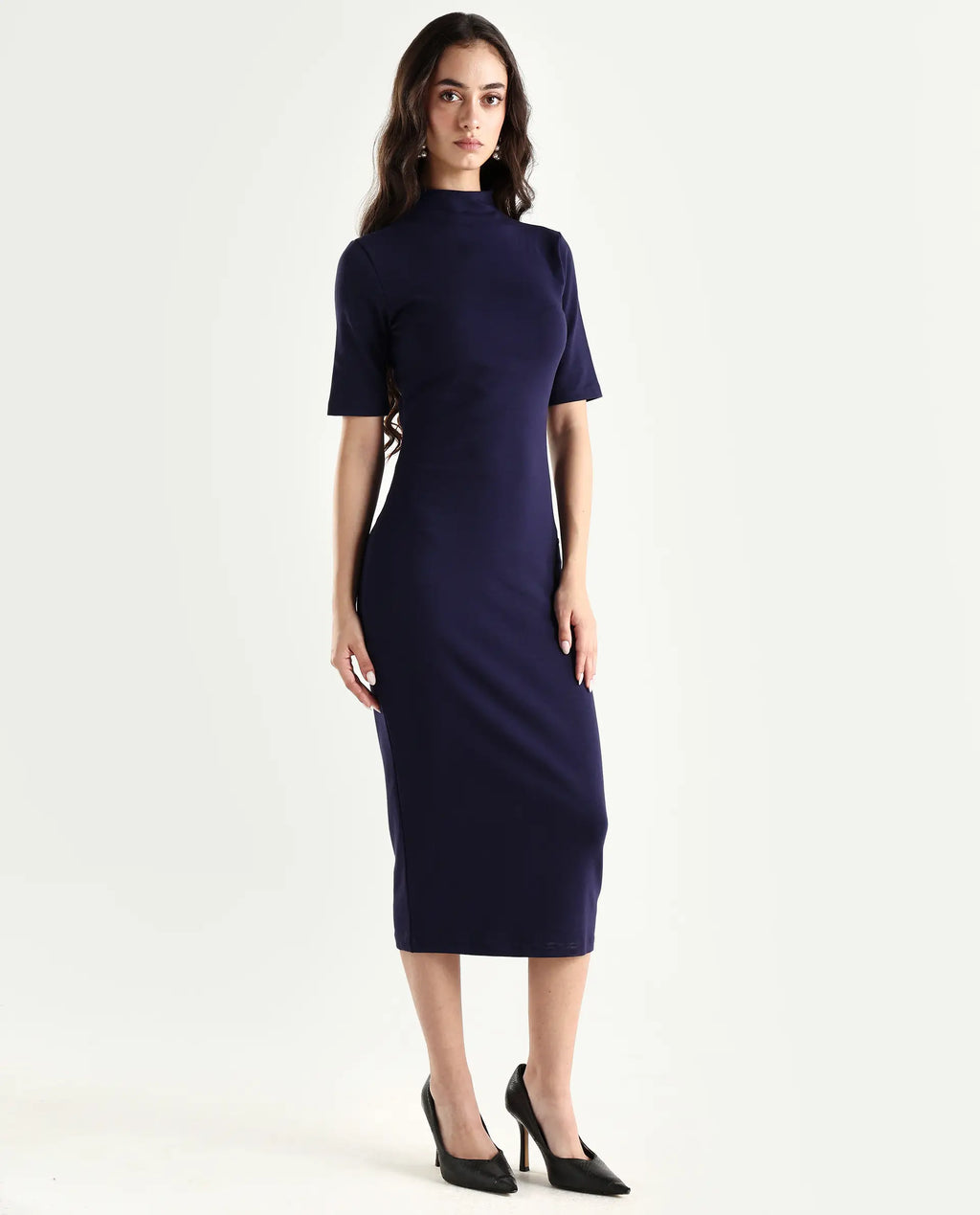 Rareism Women's Rotary Dusky Purple Cotton Blend High Neck Plain Maxi Slim Fit Dress