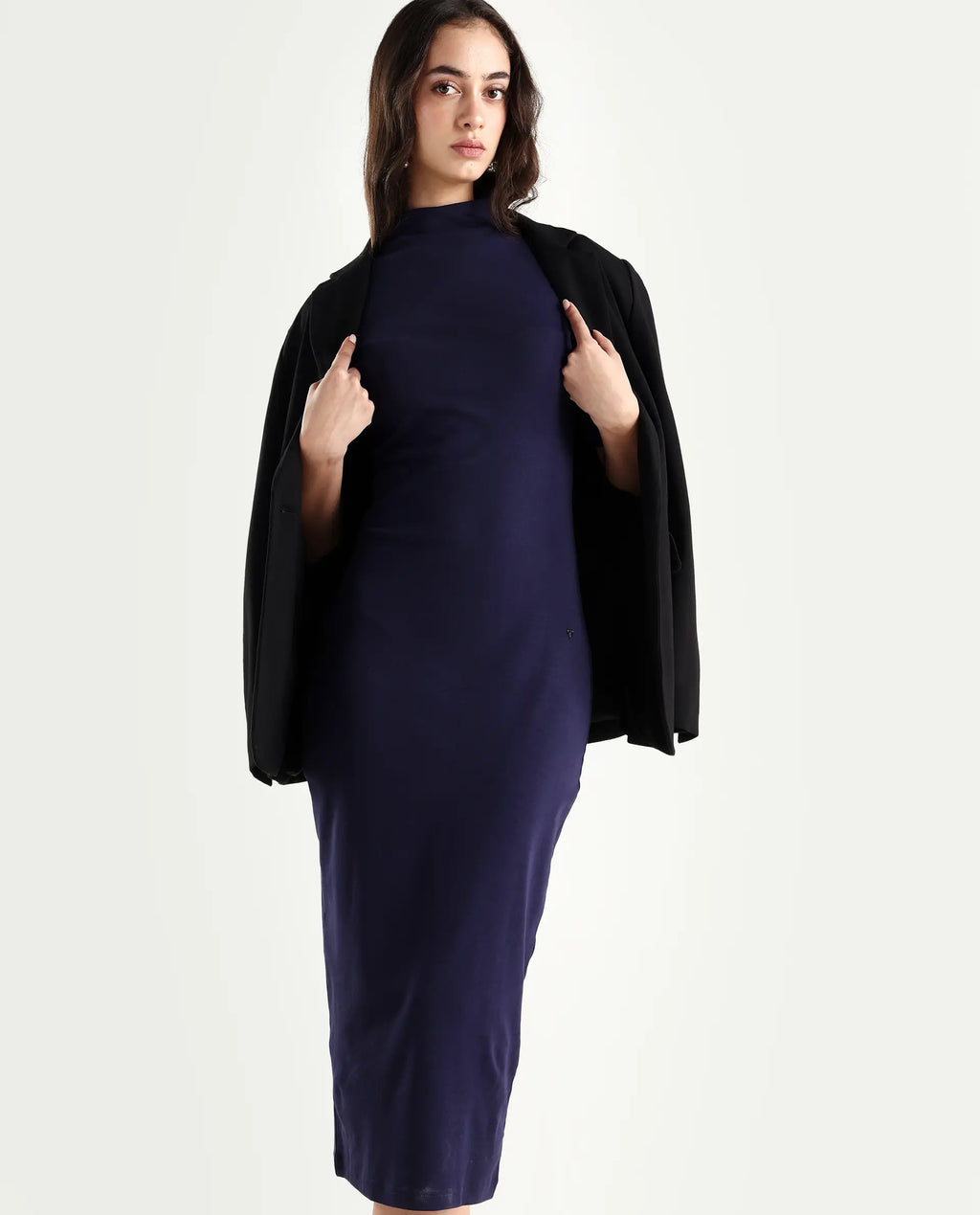 Rareism Women's Rotary Dusky Purple Cotton Blend High Neck Plain Maxi Slim Fit Dress
