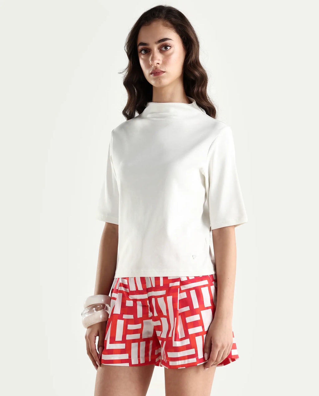 Rareism Women's Rohdrio Off White Cotton Blend High Neck Plain Regular Fit Top
