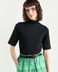 Rareism Women's Rohdrio Black Cotton Blend High Neck Plain Regular Fit Top