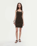 Rareism Women's Canakkale Brown Polyester Blend Sweetheart Neck Plain Sleeveless Mini Straight Fit Dress