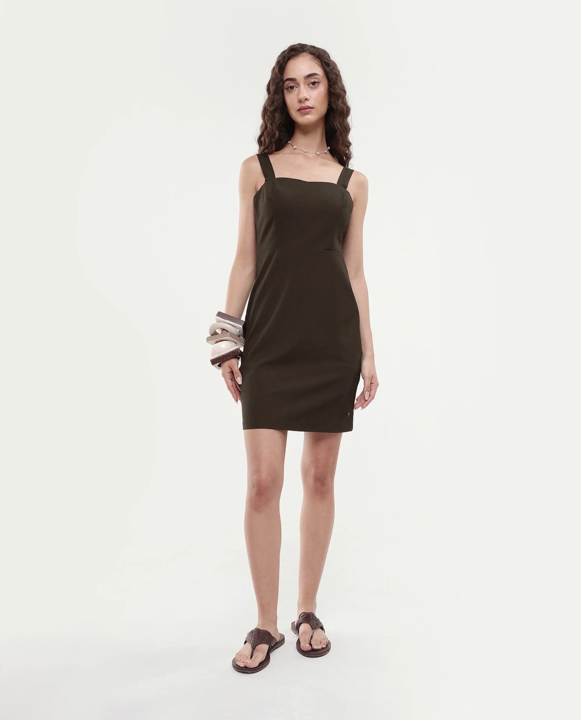 Rareism Women's Canakkale Brown Polyester Blend Sweetheart Neck Plain Sleeveless Mini Straight Fit Dress