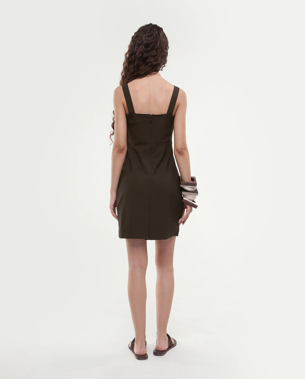 Rareism Women's Canakkale Brown Polyester Blend Sweetheart Neck Plain Sleeveless Mini Straight Fit Dress